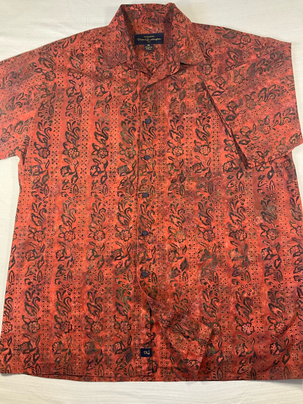 PETE HUNTINGTON Bali Men’s Rustic Orange Artisan Short Sleeve Button Down Shirt